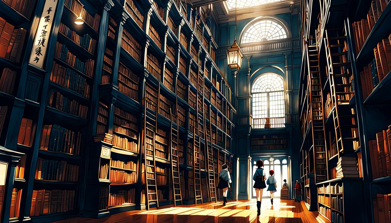 An old library with shelves on many floors, ladders and people wandering the shelves